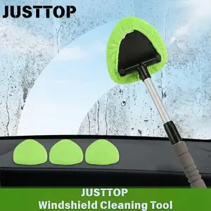 JUSTTOP Windshield Cleaner Tool Car Interior Window Detailing Cleaning Kit with Extendable Handle and 3 Easy to Install Reusable Microfiber Pads Auto Glass Wiper Brush Kit for Car&Home