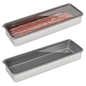 Bacon Container for Refrigerator, 304 Stainless Steel Airtight Deli Meat Storage Containers for Fridge Dishwasher Safe Long Kitchen Food Storage Containers with Lids with Elevated Base Utensils Preservation