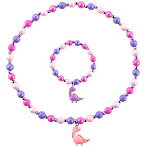 Niceup Cute Sparkling Dinosaur Necklace Bracelet Set for Little Girl Kids Pastel Play Dress-up Stretchy Beads Jewelry Accessories for Party Gift Bags Filler Stuffers