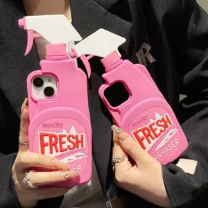 Cute 3D Stereo Cleaner Shape Phone Case for iPhone 15Pro Max Case 13Pro 12 11 14Pro Max Funny Chic Fresh Clean Bottle Soft Cover Protector promax case Pink Protection Protective Smartphone Cellphone Casing Shockproof