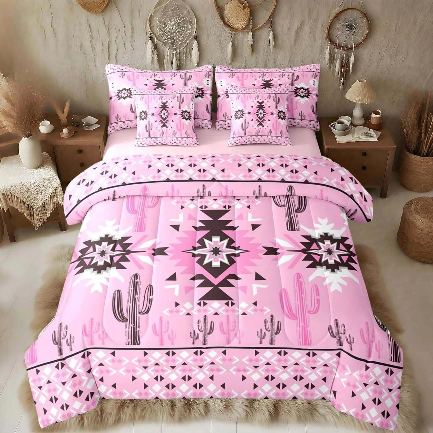 Pink Southwestern Aztec Comforter Set with Sheets for Kids Boys Girls Geometric Vintage Bed in a Bag Boho Tribal Rustic Western Exotic Cactus 7 Pieces Bedding Set Bedroom Decor