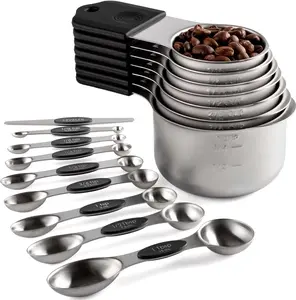 Stainless Steel Measuring Cups and Spoons Set 16 Pieces Strong Magnetic Nesting Design 7 Cups 8 Spoons with Level Dual Measurement Markings for Dry and Liquid Ingredients Graduated Scale for Easy Use