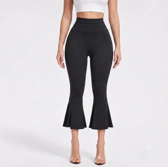 ChicCurve Women's High Waisted Pleated Hem Flare Pants - Slim Fit Tummy Control Cropped Bell Bottom Yoga Capris Trousers