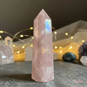 Angel Aura Rose Quartz Crystal Tower Single Point Wand Rainbow Crystal Obelisk Mineral Specimen Home Desk Decoration