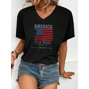 2026 Women V Neck T Shirt White America 250 Years Semi Quincentennial 1776 2026 Flag Print Independence Day Celebration Party Casual Wear