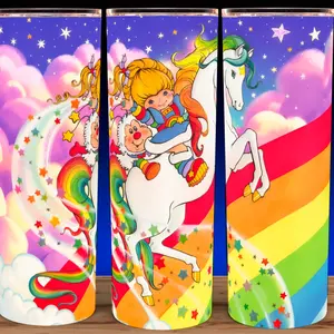 Rainbow Brite and Star Lite 80s Rainbow Gradient Clouds Cup Mug Tumbler 20oz Stainless Steel Tumbler with Slide Closure Lid, Reusable Plastic Straw - Drinkware