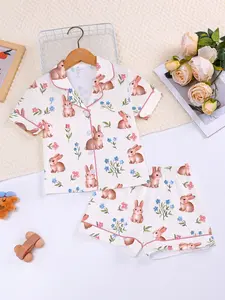 Easter Bunny Print Kids Fire Retardant Fabric Pajama Set, Cute Easter Design Casual Party Sleepwear, Short Sleeve Open Front Top and Loose Elastic Shorts, Bunny Print Pajamas