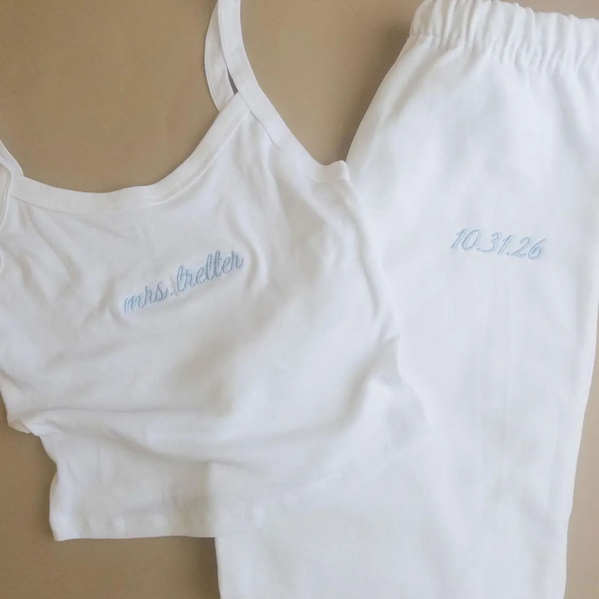 Custom Mrs. Embroidered Tank and Sweatpants Set with Wedding Date, Bride Getting Ready Outfit, Bridal lounge wear, Honeymoon Outfit