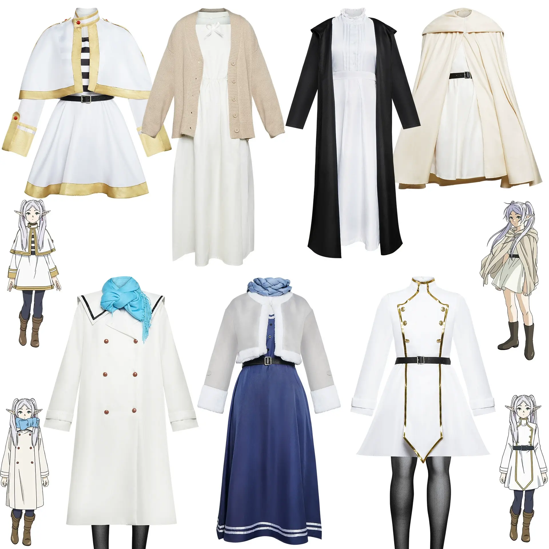 Frieren Beyond Journey's End Cosplay Full Set Frieren Winter Dress Daily Sweater Cloak Mage Robe White Cape Uniform With Elf Ears Scarf All Accessories For Halloween Comic Con