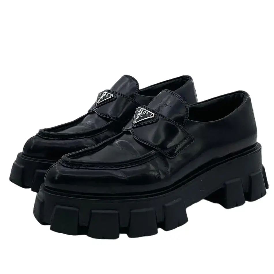 RDLT-Prada Size 39 Monolith Black Leather Loafers With Triangle Logo Platform Sole-H35922