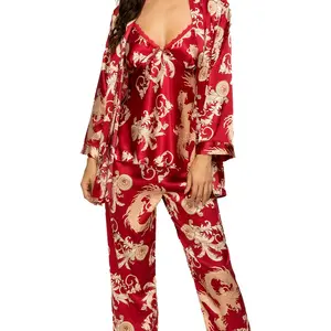 Escalier Women's Silk Satin Pajamas Set 3 Pcs Floral Silky Pj Sets Sleepwear Cami Nightwear with Robe and Pant
