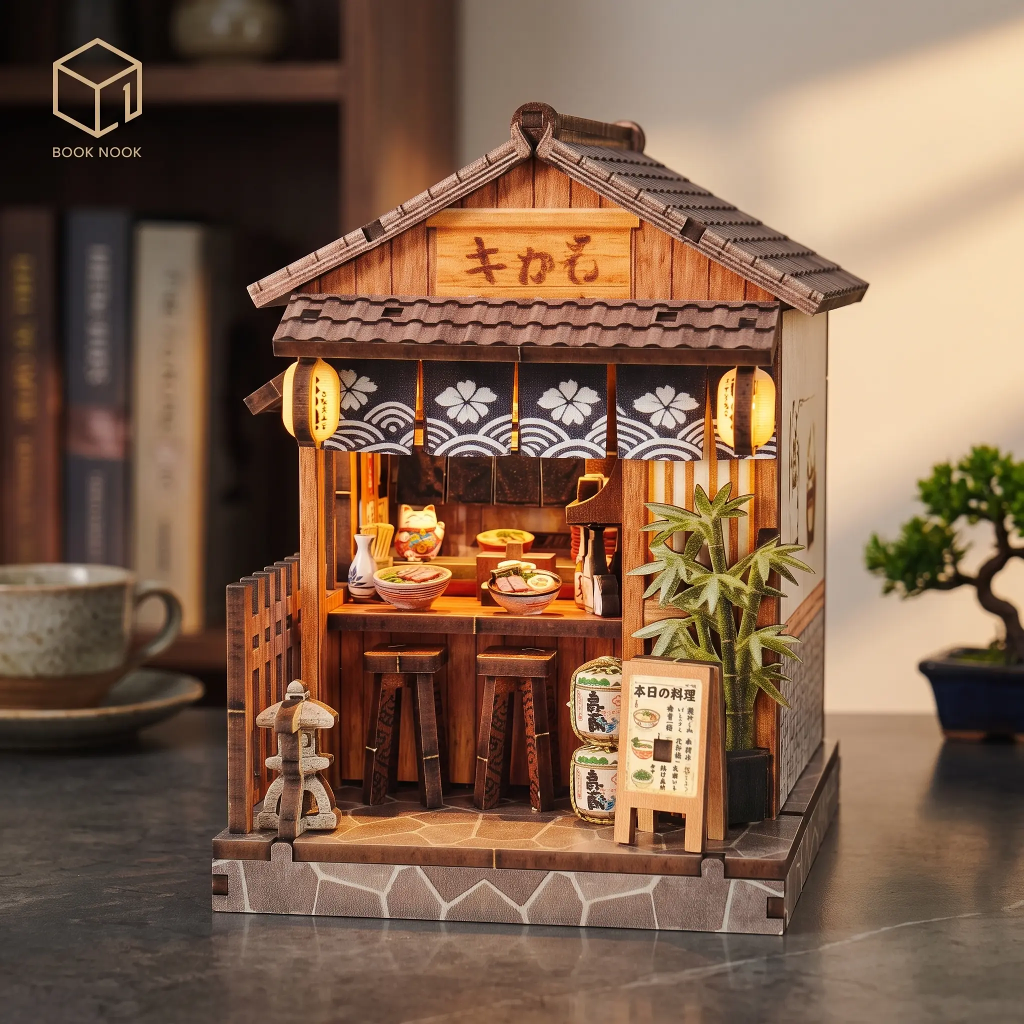 DIY Japanese Book Nook Kit for Adults & Teens, Miniature House Dollhouse Kit with LED, 3D Wooden Puzzle Bookshelf Insert, Japanese Shop Mini Building Craft Kit, Home Decor Gift