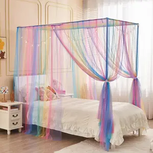Rainbow Bed Canopy for Girls Kids, 4 Corner Post Princess Twin Canopy Bed Curtains with DIY Star Stickers for Bedroom Decor