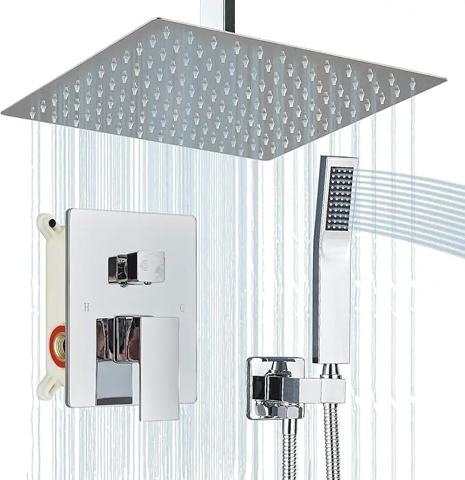 ATSHOWER Chrome Ceiling Mount Shower System with Handheld Spray - High Pressure Rain Shower Head & Faucet, Function Controls, Rough-in Valve & Trim Kit Suitable for Bathroom, Modern Ceiling-Mounted Shower Fixture, Polished Chrome, 8 INCH/12 INCH/16 INCH