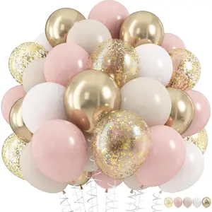 Dusty Pink and Gold Balloons Set, 60Pcs 12 Inch Retro Blush Pink White Sand Beige Metallic Gold Latex Balloon with Gold Confetti Boho Balloon for Birthday Bridal Shower Wedding Party Decorations