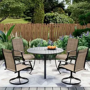 5-Piece Outdoor Dining Set with 4 360° Swivel Chairs & Adjustable Umbrella Hole Iron Table (1.57"-1.97"), All-Weather Patio Furniture for Poolside, Backyard, Deck, Lawn, Brown/Blue/Gray