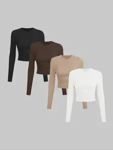Women's 4-Piece Fall Winter Solid Color Basic Casual Fitted Slimming Elastic Stretchable Comfortable Long Sleeve T-Shirt Set, Outerwear, Top, Womenswear