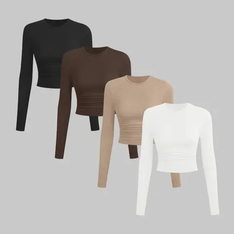 Women's 4-Piece Fall Winter Summer Basic Minimalist Solid Color Long Sleeve Crewneck T-Shirt Set, Casual Tee, Lady, Tops, Casual Chic Top, Womenswear, Inner Wear & Outerwear, Fit, Casual Comfortable and Stylish