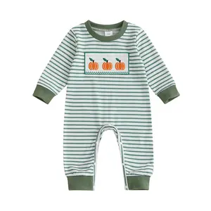 Baby Boy Girl Halloween Romper Pumpkin Embroidery Striped Long Sleeve Sweatshirt Jumpsuit Newborn Coming Home Outfit