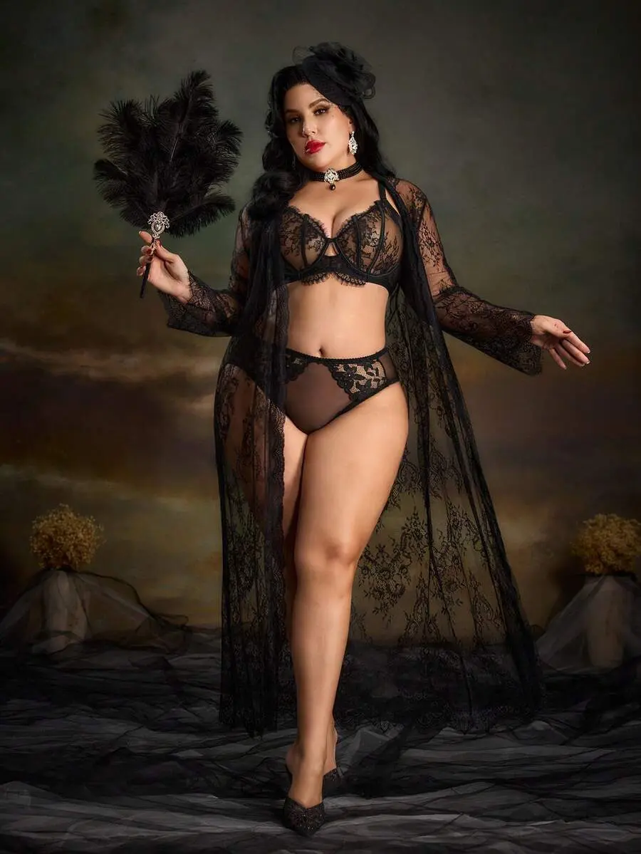 MIA PinupPomp Plus Lace Belted Robe Without Lingerie Set