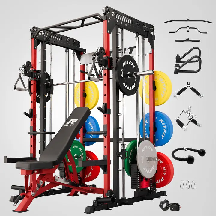RitFit M1 PRO/2.0 Smith Machine Weight Stack Home Gym Package All in One (Bench, Weight Stack Set and plates), At Home Gym Equipment, Home Workout Gear