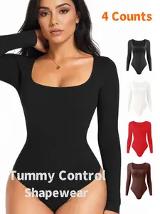 Women's Plain Long Sleeve Shapewear Bodysuit, Comfortable Square Neck Seamless Tummy Control, All-Seasons Wear, Daily Use
