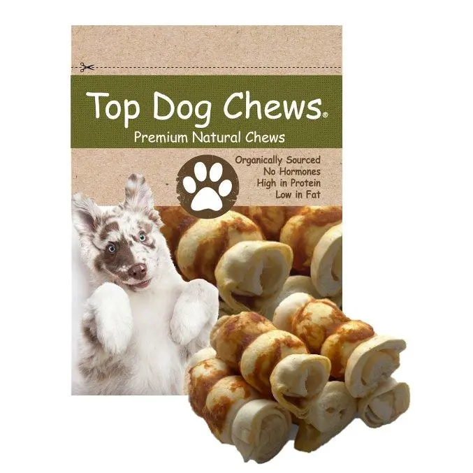 Top Dog Chews Natural Chicken-Wrapped Cow Cheek Rolls, 5-Pack 5-6in High Protein (73%) Beef Dog Treats, 506 kcal/kg, 3 Plaque-Scraping Edges, Supports Dental Health, for Aggressive Chewers