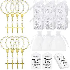 30PCS Baptism Favors Set, 30 Pieces Mini Rosary 30 Pieces Baptism Party Gift Wrap Boxes Organza Bags with Drawstring Thank Tags for Christening Communion Kitchen