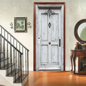 Vintage Wooden Door Sticker with Handle and Decorative Accessories, Self-Adhesive, Retro Style for Bedroom Living Room Bathroom