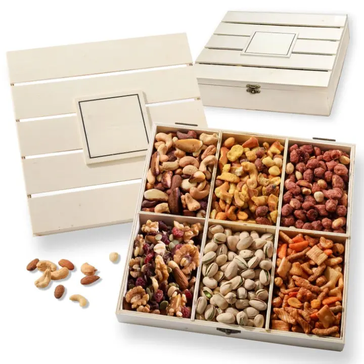 Low Fat Assorted Nut Gift Basket with Cashews - Reusable Wooden Crate, Unique Flavors Gourmet Snack Food Box, SCA-Certified Ambient Dried Snacks, Healthier Choice Diet-Friendly Option for Birthdays, Sympathy