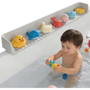Bathtub Splash Guard for Kids, Silicone Bath Tub Splash Guard with Suction Cups, Tub Topper Play Shelf & Toy Holder, Fun Bath Time for Toddlers Baby (Gray)