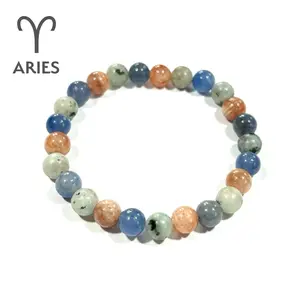 Aries Crystal Bracelet - Astrology Bracelet with natural stones - Sunstone, Blue Aventurine, Kiwi Jasper