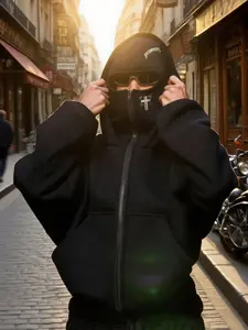 Fashion Hoodie with Full Face Mask Design, Casual Zipper Sweatshirt for Fall & Winter, Fitted Style, Moderate Fabric Thickness, Knit