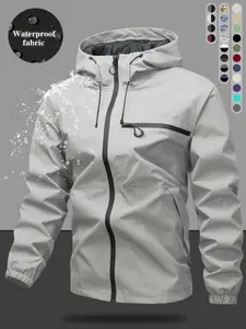 Men's Plain Waterproof Fabric Windproof Drawstring Zip-Up Hooded Jacket Coats, Casual Long Sleeve Zipper Pocket Design Outerwear for Outdoor Activities, Men's Clothes for All Seasons, Menswear