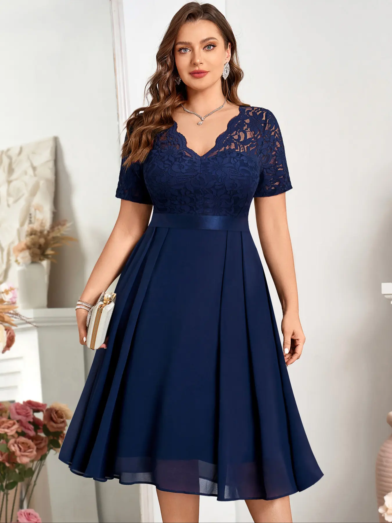 MISSMAY YP34019A Plus Womenswear Floral Lace V-Neck Short Ruffle Trim Chiffon Flowy A-Line Hem Chic Elegant Feminine Semi Formal Cocktail Party Evening Swing Midi Dress Fit