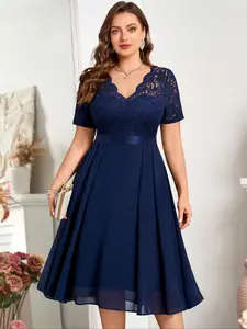 MISSMAY YP34019A Plus Womenswear Floral Lace V-Neck Short Ruffle Trim Chiffon Flowy A-Line Hem Elegant Feminine Semi Formal Cocktail Party Swing Midi Dress