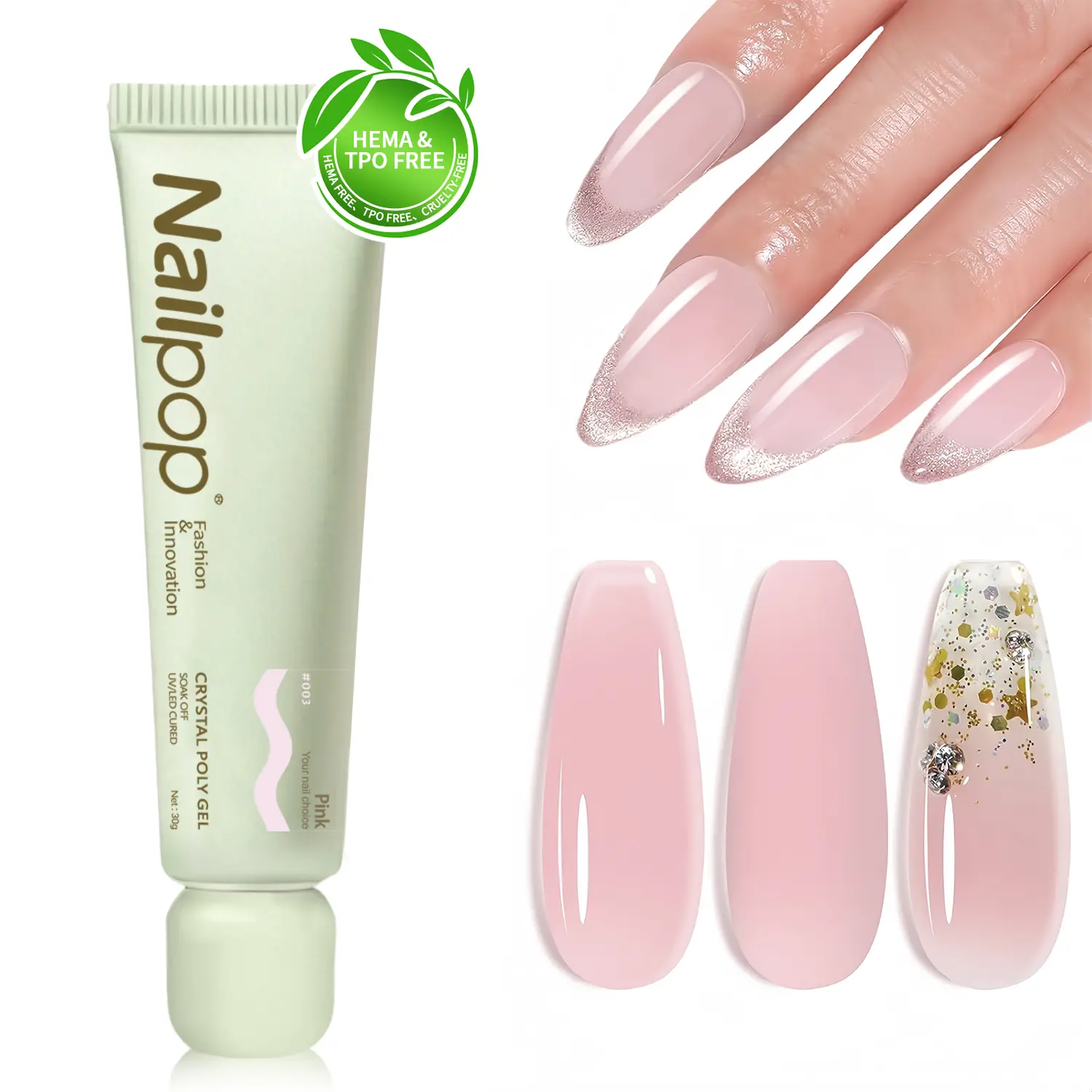 Nailpop Crystal Poly Nail Gel, 30g Salon-Grade Translucent Formula, HEMA-Free Non-Toxic Natural Skin-Friendly, for Quick Extensions & Durable Flawless Manicure at Home, Natural Nails, Luminous