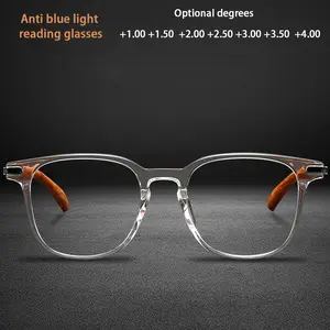 FYTOO Retro Square Reading Glasses 86015TMMT Blue Light Blocking Acetate Frame Translucent Wood Temples Feather Light Durable Vintage Style Unisex Optional Degrees