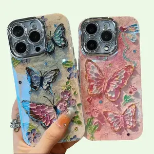 Ins Style Oil Painting Butterfly Flower Case for IP17/16 Pro Max with Lens Protector for 14/13/12 Phones Elegant Design High-Quality Materials Easy Installation Shockproof Protection Protective Cover Cellphone Casing Smartphone phone case phone cases