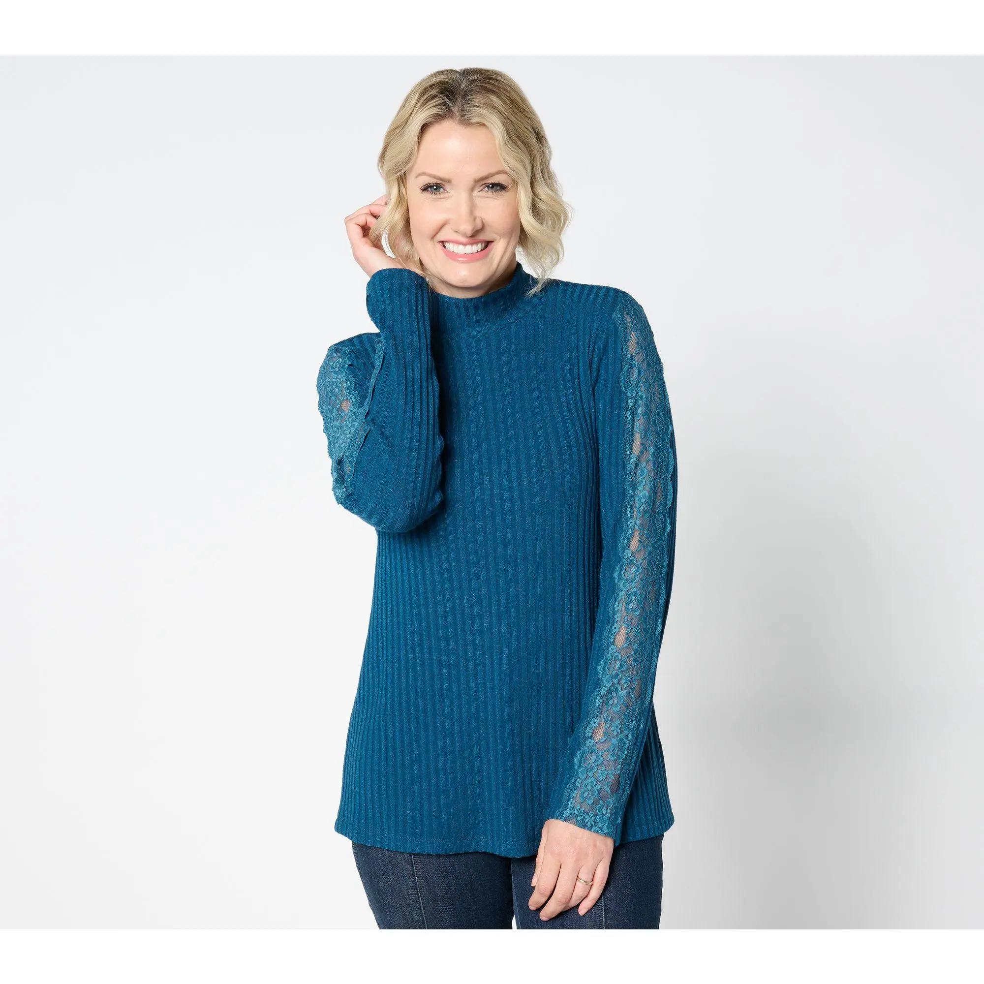 Susan Graver Rib Knit Mock-Neck Top with Lace Detail