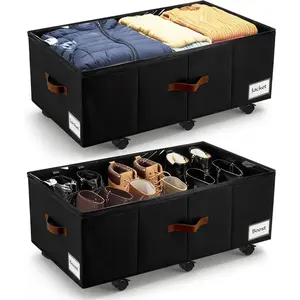 11 inch Bed with Wheels, 2-Pack Underbed Containers for College Dorms Bedrooms Organization, Foldable Bed Drawers for Comforters,, Clothes & Shoes, Black
