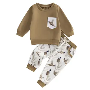 Baby Boy Girl Winter Outfits, Wild Goose Print Pullover Sweatshirt Elastic Waist Pants with Pockets 2 Piece Set