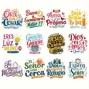 12-Piece Spanish Bible Verse Heat Transfer Stickers - Vibrant DIY T-Shirt and Clothing Appliques, Sewing and Knitting Supplies, DIY Material, Crafts