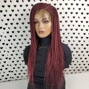 Cornrow Fulani Feedin Braided Box Braids Lace Front Wig Braid wigs Color Burgundy