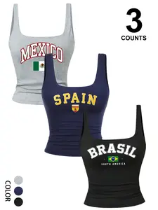 Women's Summer Daily Mexico Spain Brazil Flag Print Three Pieces Square Neck Sleeveless Vest Tops Home Outdoor City Slim Fit Trend Casual Elegant Youth Simple Versatile Texture Temperament Nature Literary Sport
