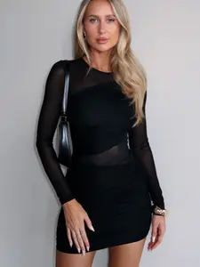 Transparent Mesh Patchwork Dress, Round Neck Long Sleeve Design, Waist Side Cutout, Horizontal Gathered Hem, Bodycon, Back Transparent Mesh