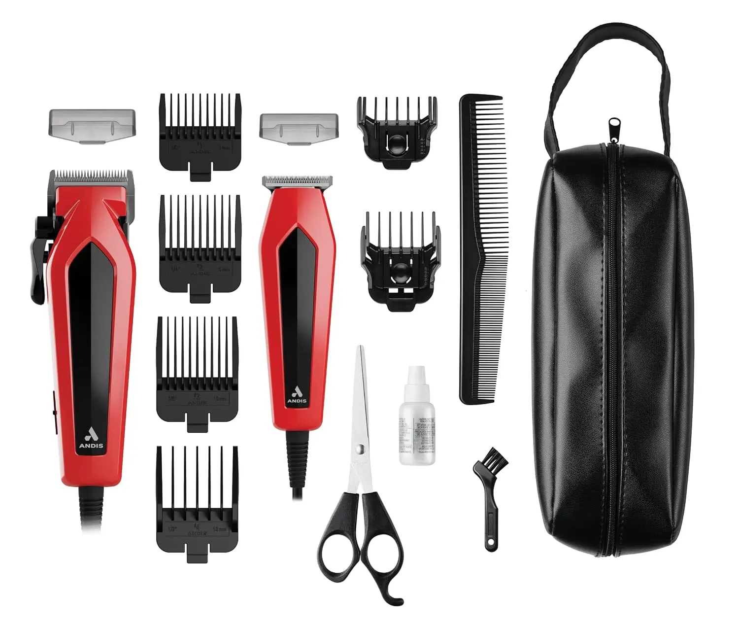 Andis 562940 Ultra Clip Corded Clipper & Trimmer 15-PieceHair Cutting Combo Kit, Stainless Steel Blades, Power Pivot Motor, Whisper Quiet, Hanger Loop, Red