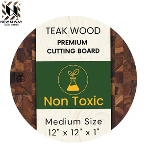 Teak Wood Round End Grain Cutting Board 11.8 Inch, Non Toxic Solid Wood Cutting Board for Kitchen Prep, Pizza & Serving Board with Handle by New M Way