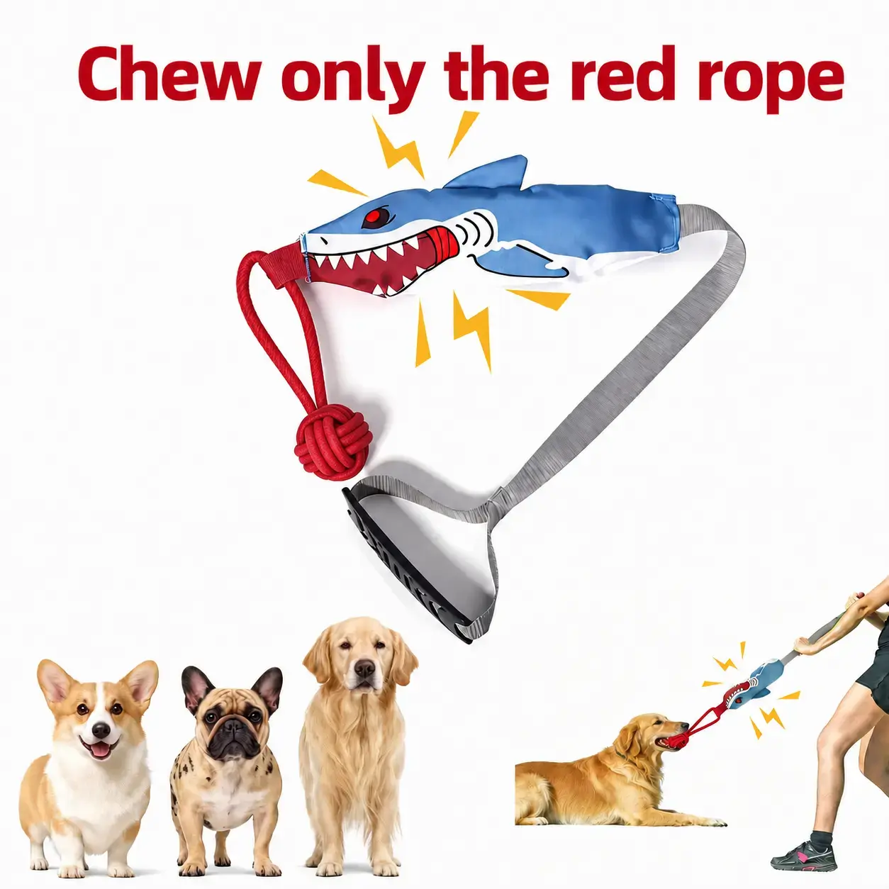Dog Tug Toy with Long Handle, Interactive Rope Tug Toy for Puppies and Dogs, Shark Handle Dog Toy with Knotted Rope Ball, Outdoor Fetch, Chase & Tug-of-War Training Toy for Medium and Large Dogs