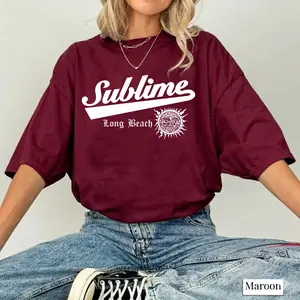 Sublime Long Beach Band Maroon Crewneck Sweatshirt, Vintage Graphic Band Merch Pullover for Men and Women, Retro 90s Music Sun Logo Jumper, Unisex Cozy Streetwear Fleece Top